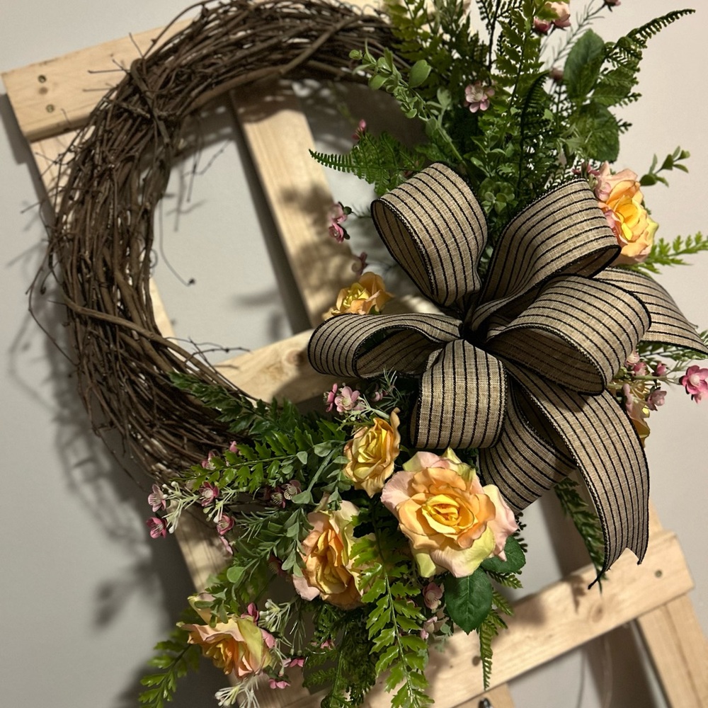 Floral Wreath with Striped Bow